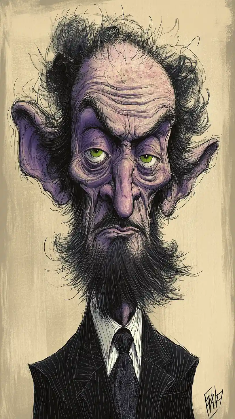 Caricature portrait of a gaunt elderly man in ink