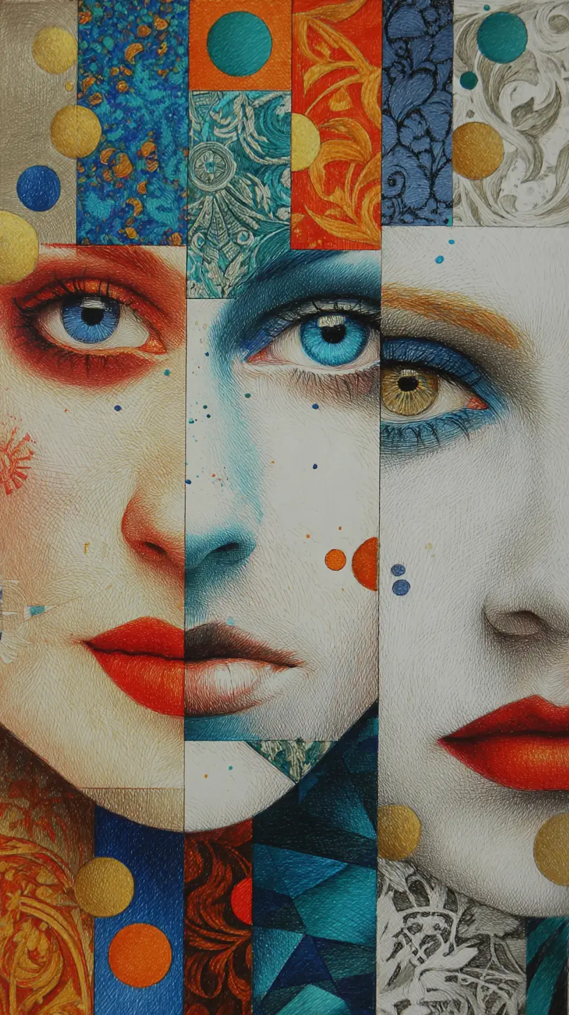 Cubist surreal colored pencil portrait of three fragmented faces