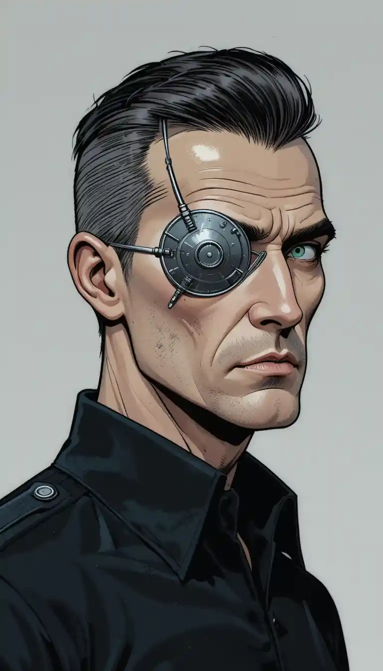 Stern older man with metal eye patch in black uniform