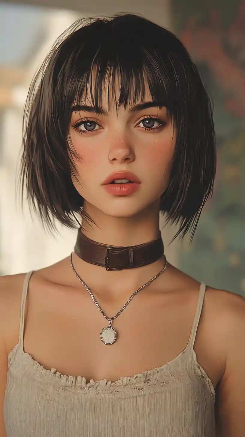 Contemplative anime girl portrait with choker necklace