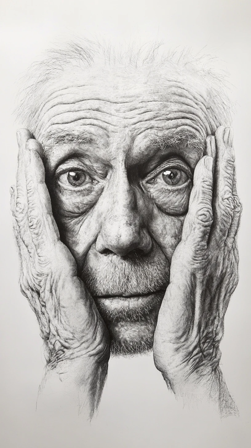 Graphite close up of an old man praying in silence