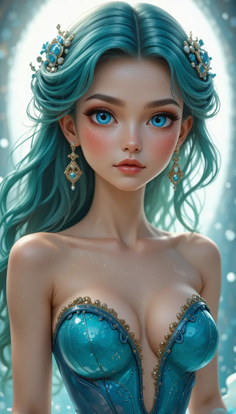 Graceful anime mermaid nymph woman with ocean colored hair