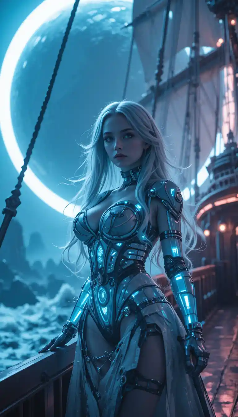 Cybernetic pirate princess on neon biomechanical galleon deck