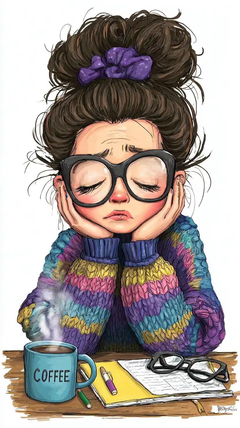Tired woman with messy hair bun and giant glasses