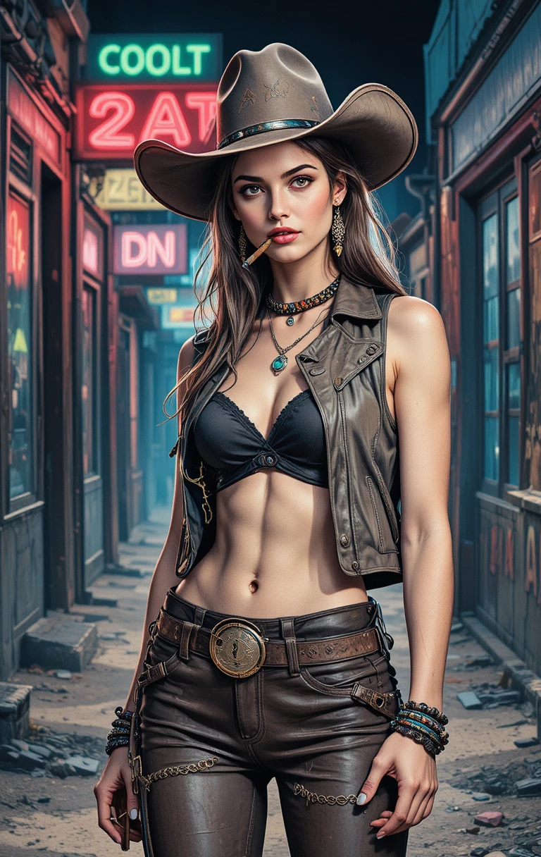 Cowboy woman ready to draw in a dusty alley standoff