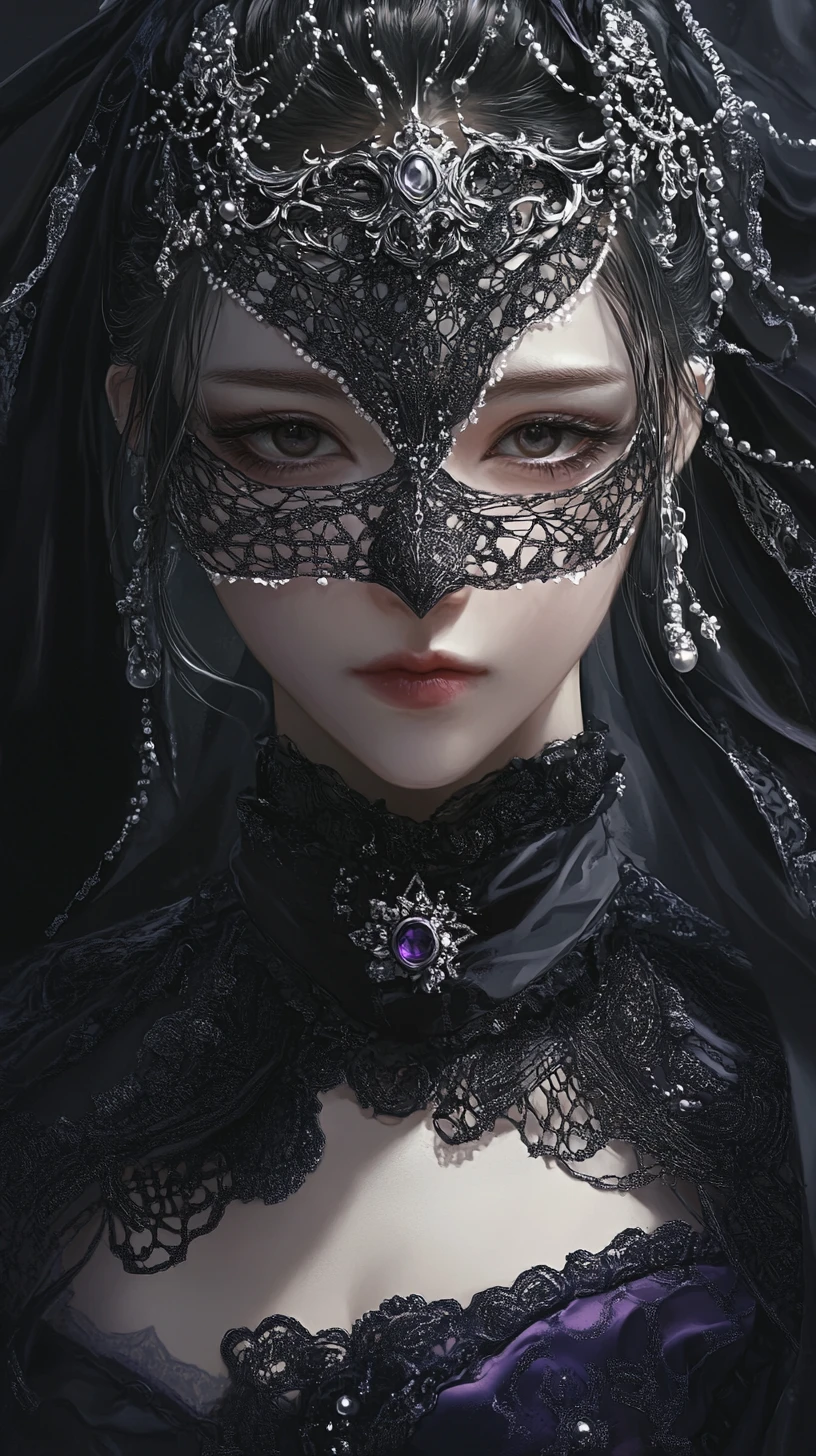 Masked gothic anime woman in ornate black tunic