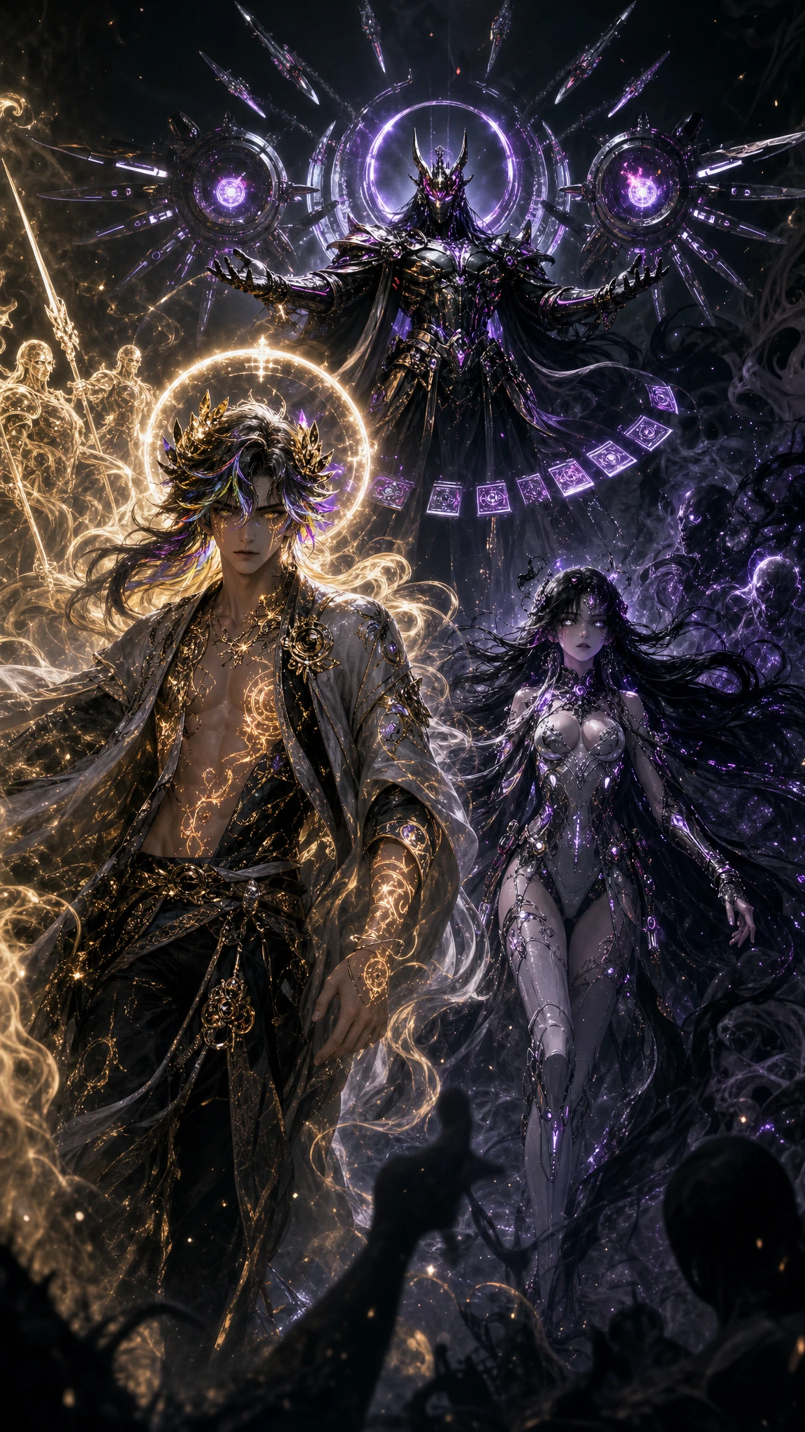 Young fantasy warrior with glowing halo strides forward