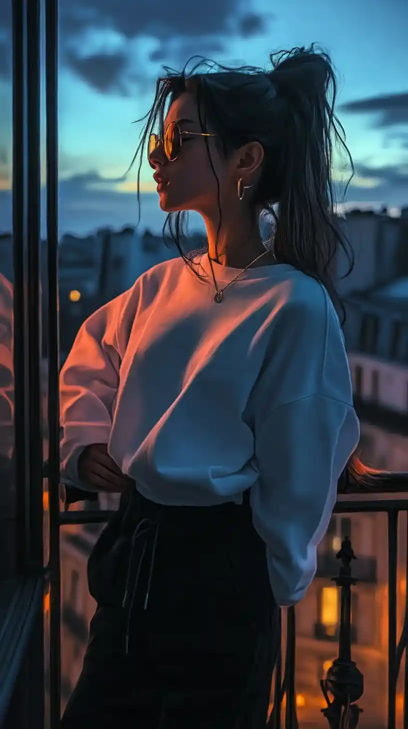 Young woman smoking on a parisian balcony at night