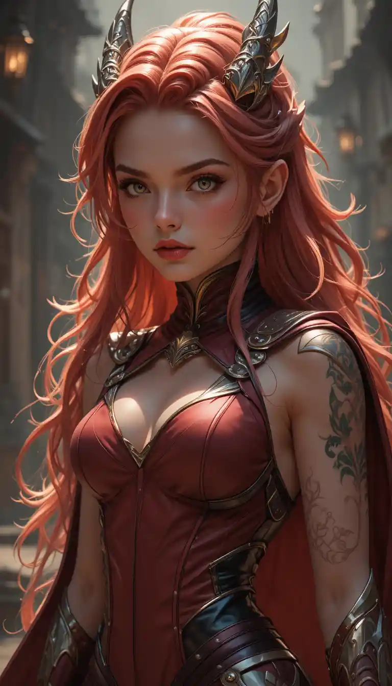 Muscular dragon warrior woman with dark red hair