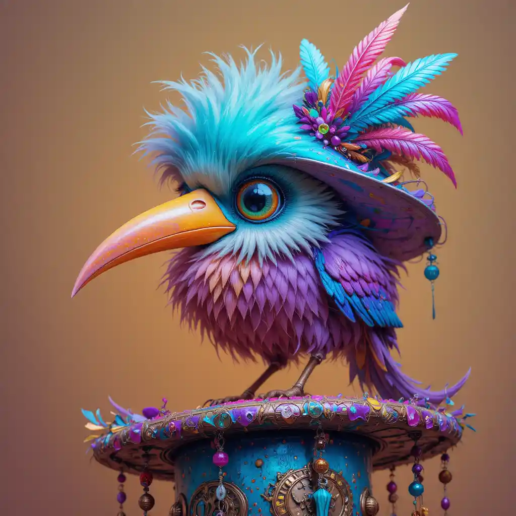 Whimsical fluffy bird perched on a vibrant beaded hat
