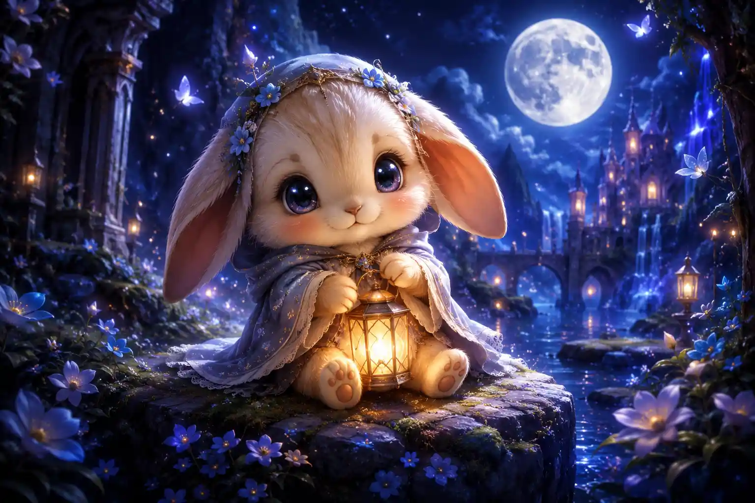 Chibi rabbit with lantern sitting on mossy stone at night