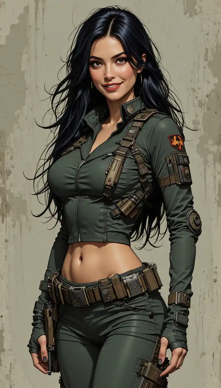 Confident tactical woman in dark green gear smiling boldly