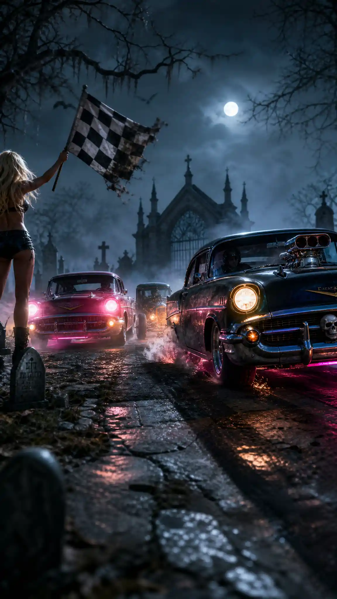 Night drag race between classic cars in a foggy cemetery