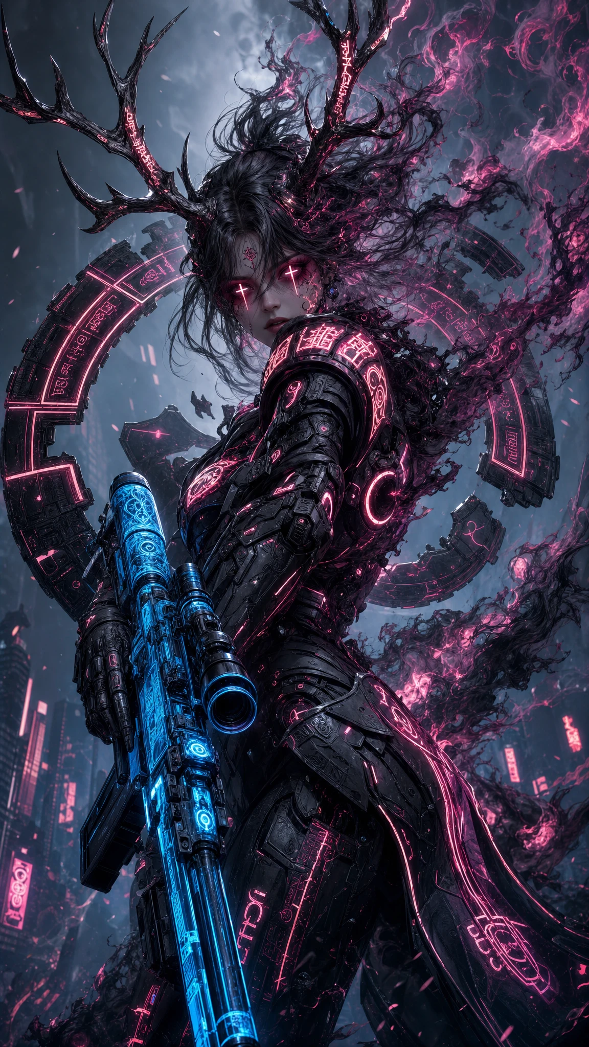 Cyberpunk-Frau löst sich in Rauch auf mit neonleuchtendem Scharfschützengewehr