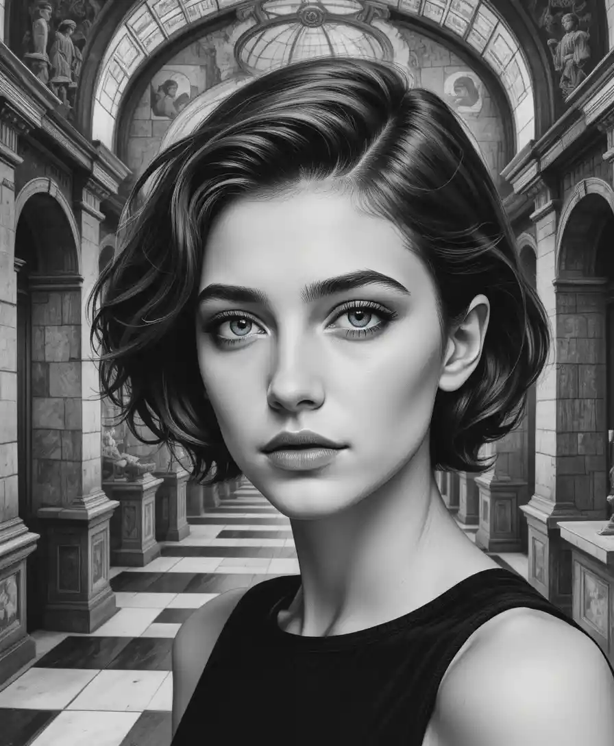 Young Italian woman portrait with surreal architectural background