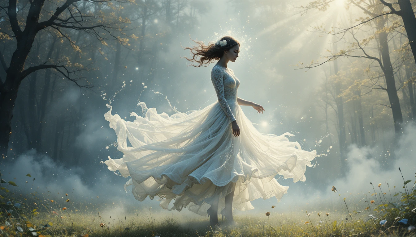 Ghostly figure of starlight dancing softly in a sunlit glade