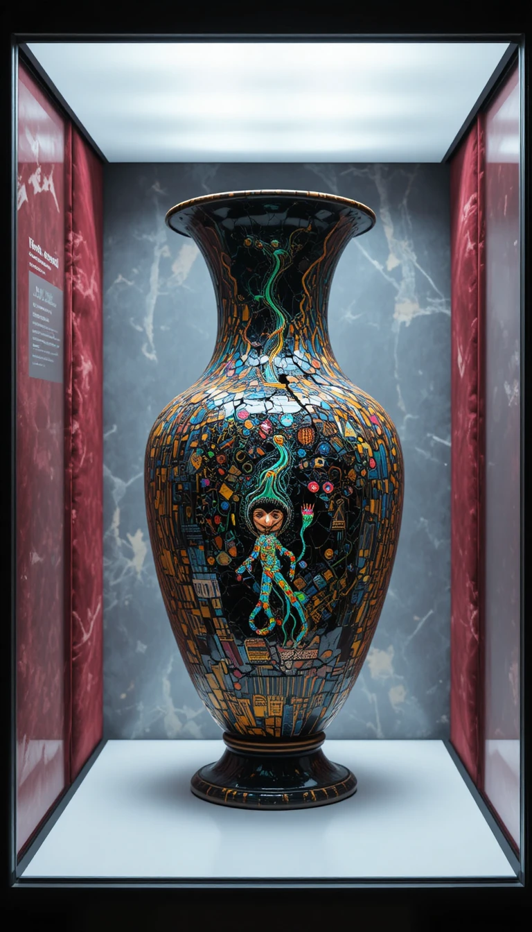 Ancient mosaic vase with sci fi symbiont in display case