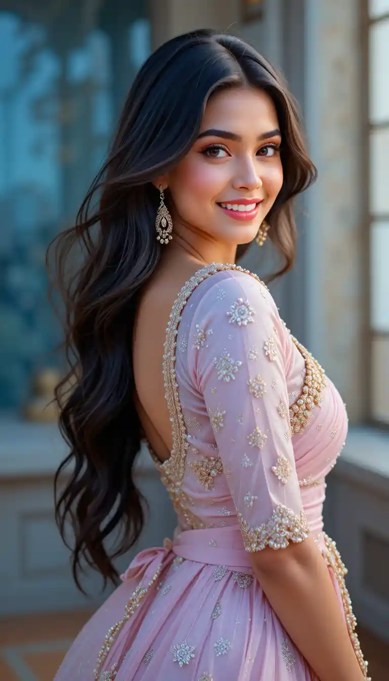 Elegant Indian woman smiling with long dark hair