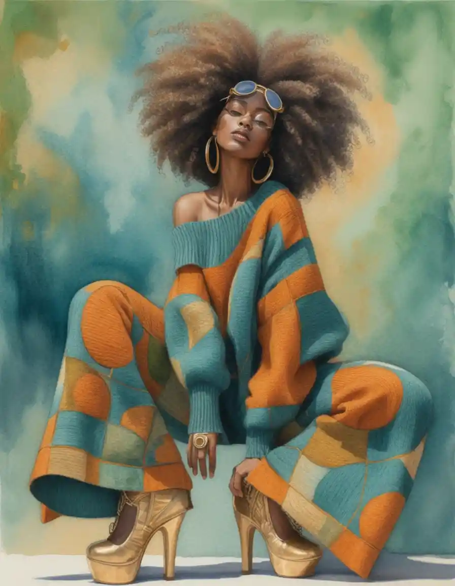 Young woman with afro hair in colorful patchwork outfit