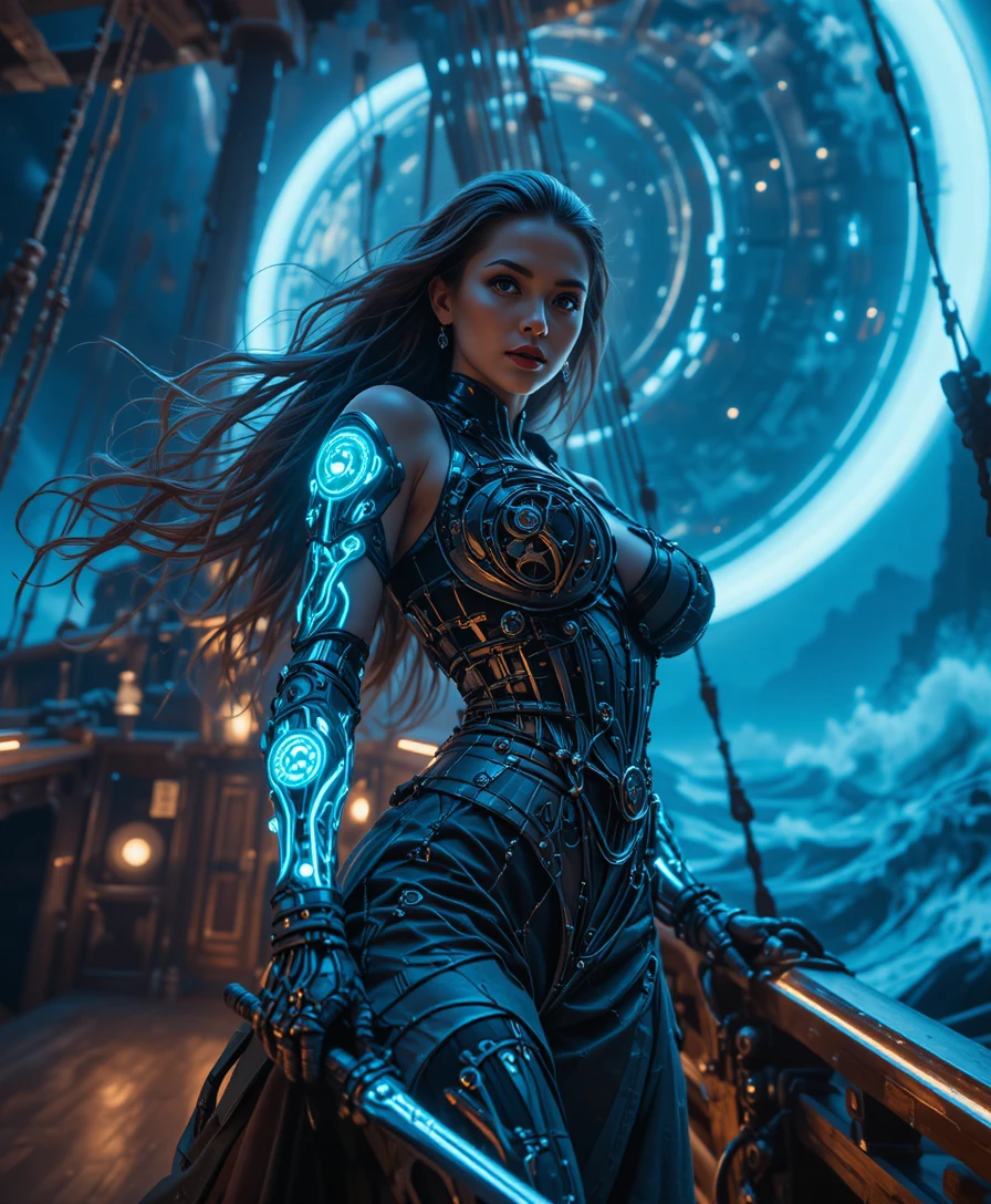 Cybernetic pirate princess on a neon starship deck