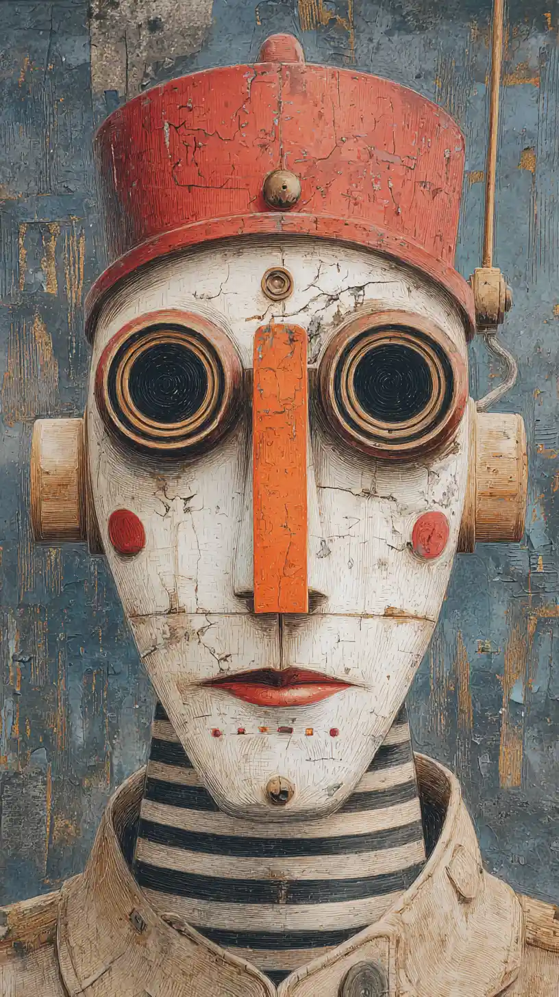 Surreal robot portrait with cracked white face and red helmet