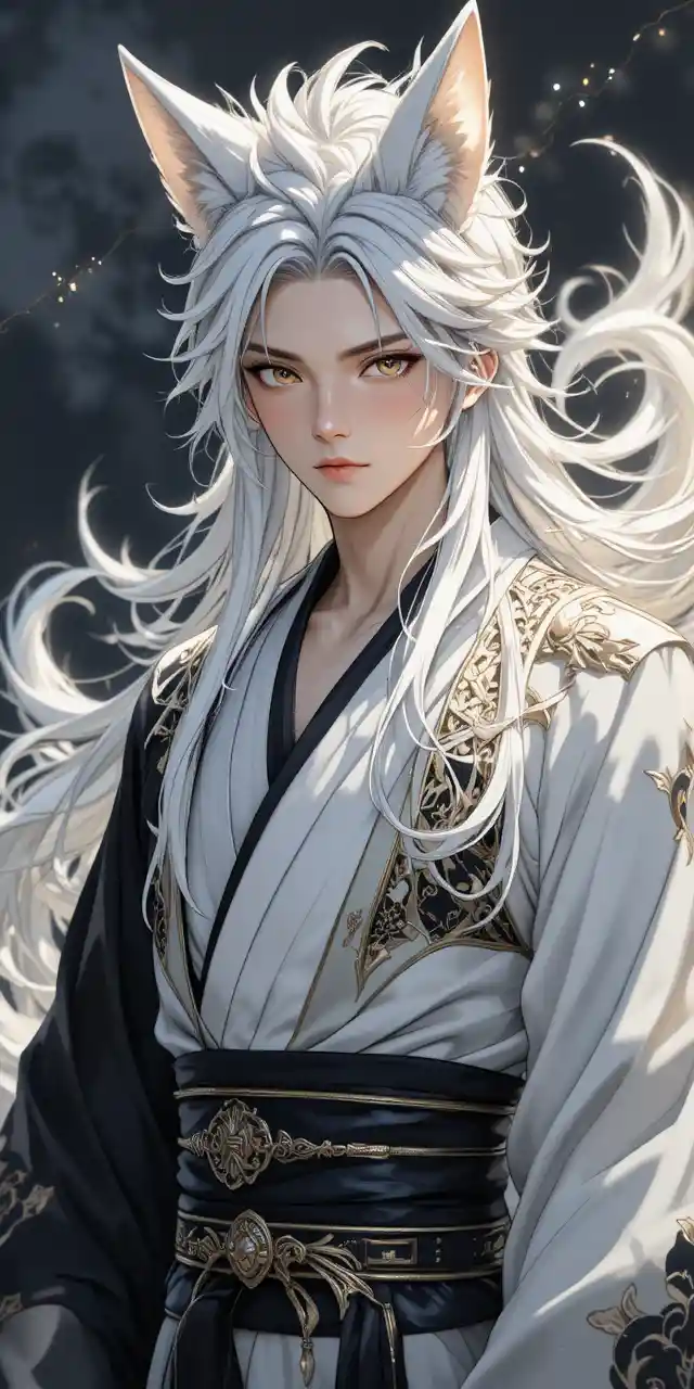 Elegant fox spirit man in modern black and white kimono