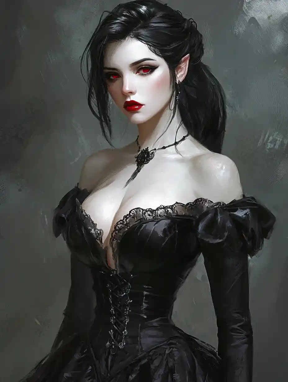 Muscular gothic vampire queen with pale skin and red lips