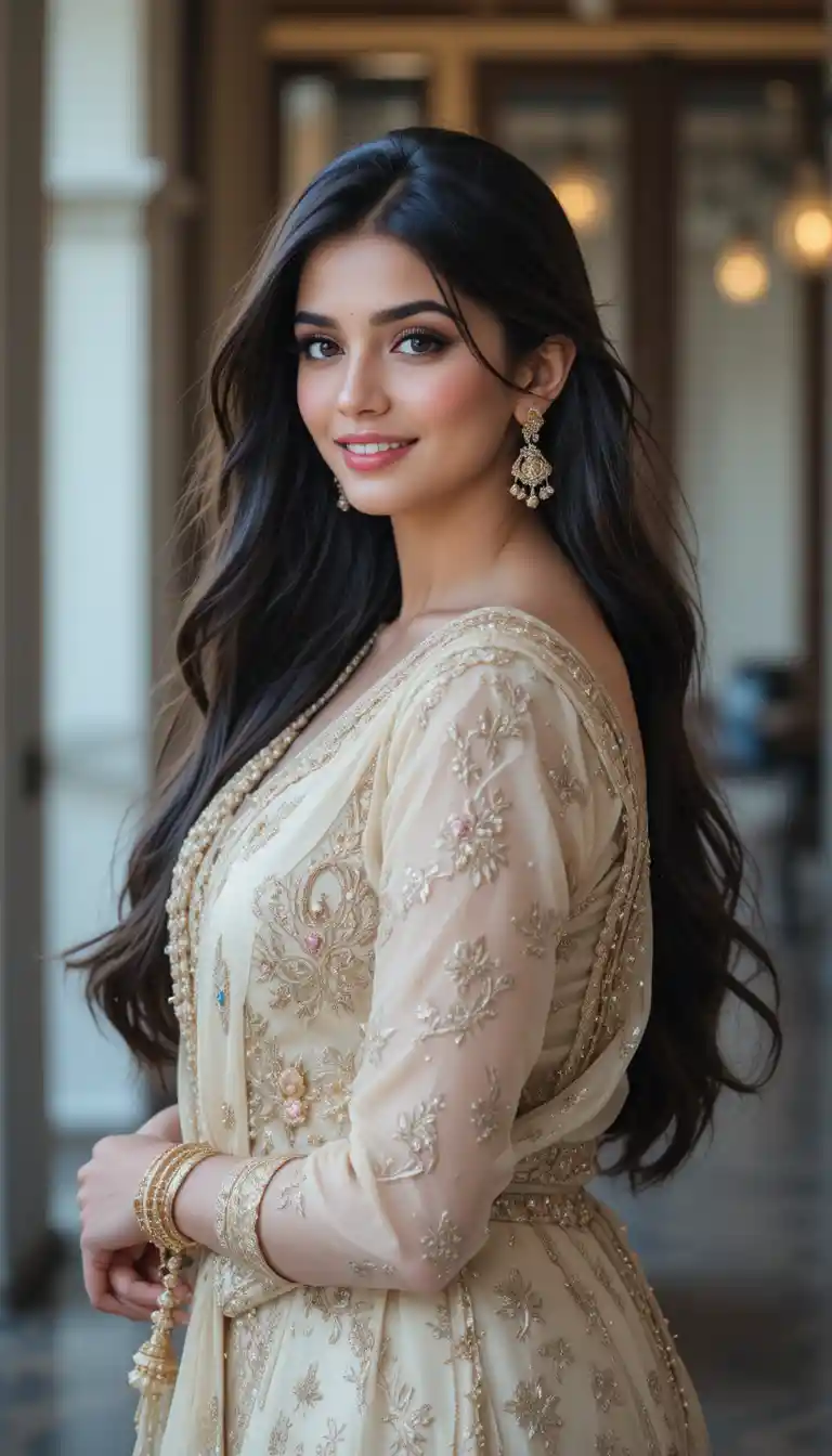 Elegant Indian woman smiling with long dark hair