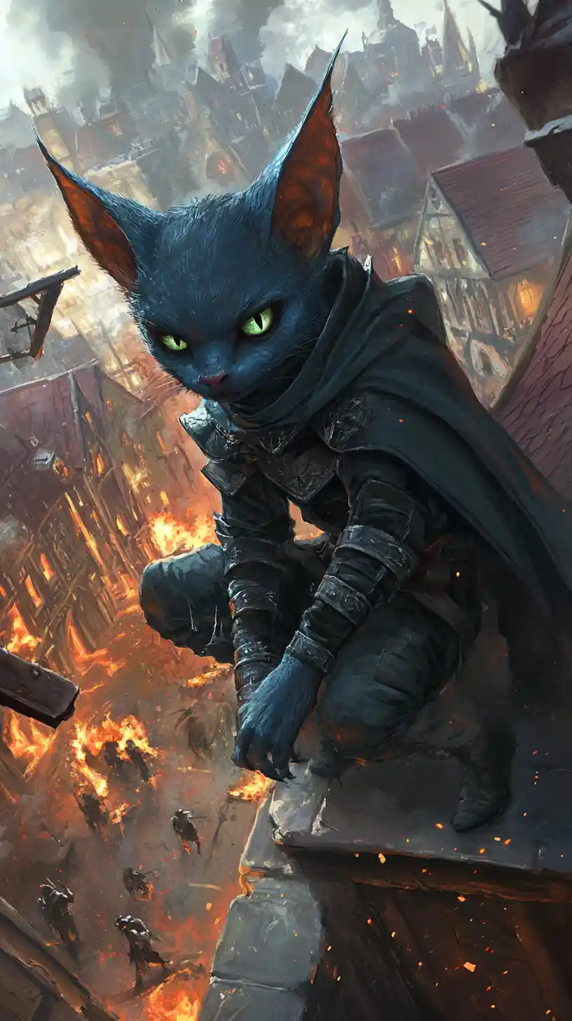 Blue armored fantasy creature over burning medieval city