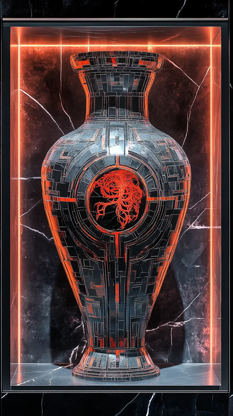 Ancient mosaic vase with sci fi symbiont in dark display
