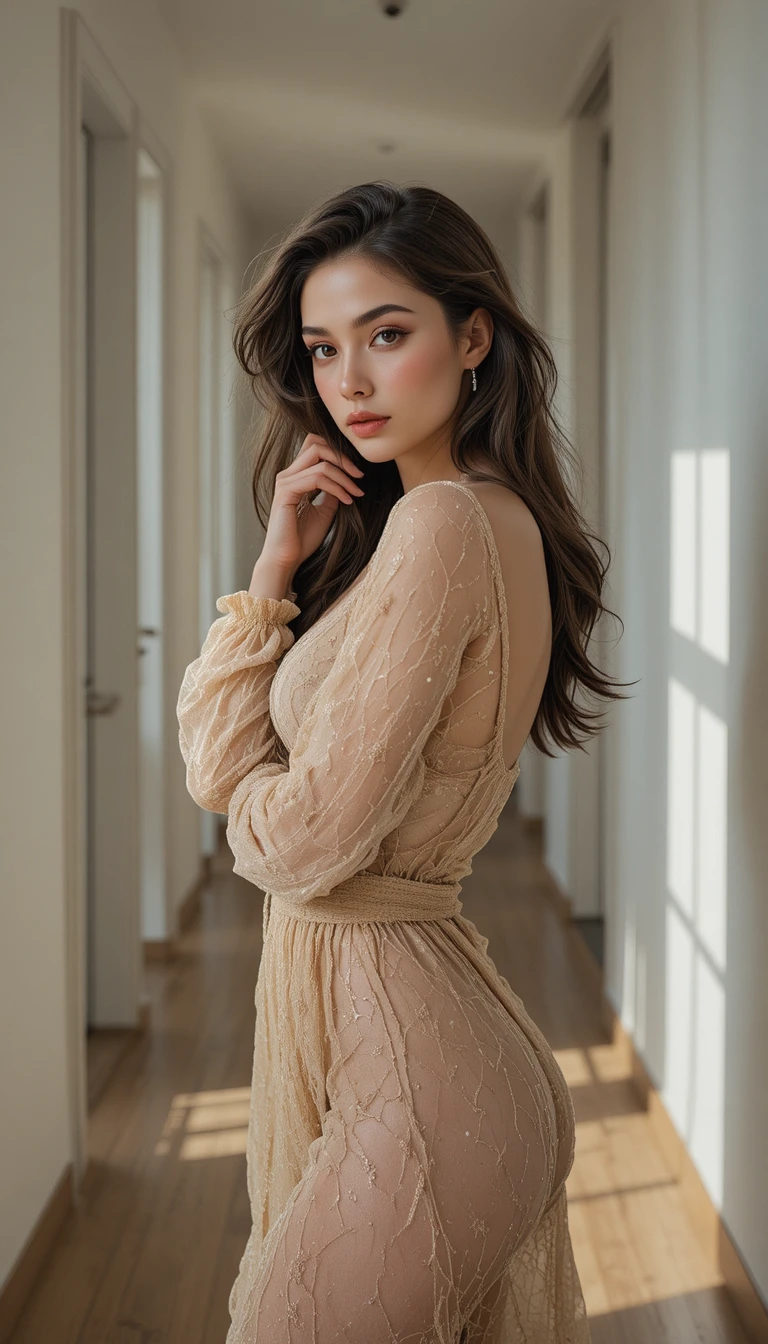 Confident nude woman in a modern indoor hallway