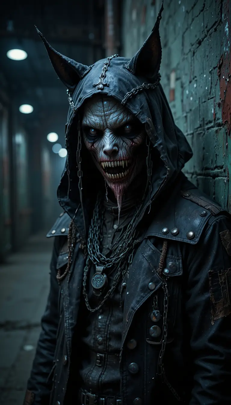 Creepy humanoid creature in hooded cat mask