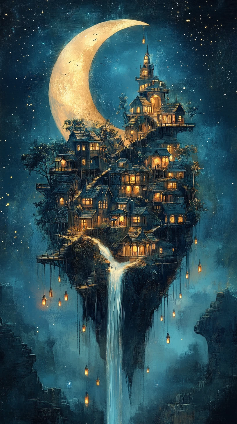 Whimsical Floating Island Village Cradled By A Crescent Moon