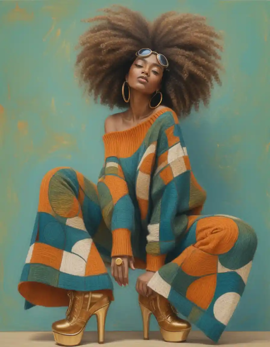 Afro haired woman squatting in colorful patchwork outfit