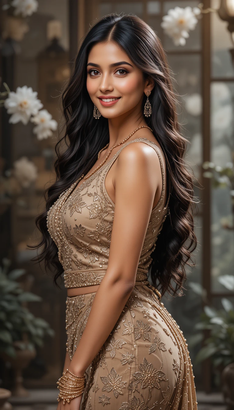 Elegant Indian woman smiling in a graceful traditional outfit