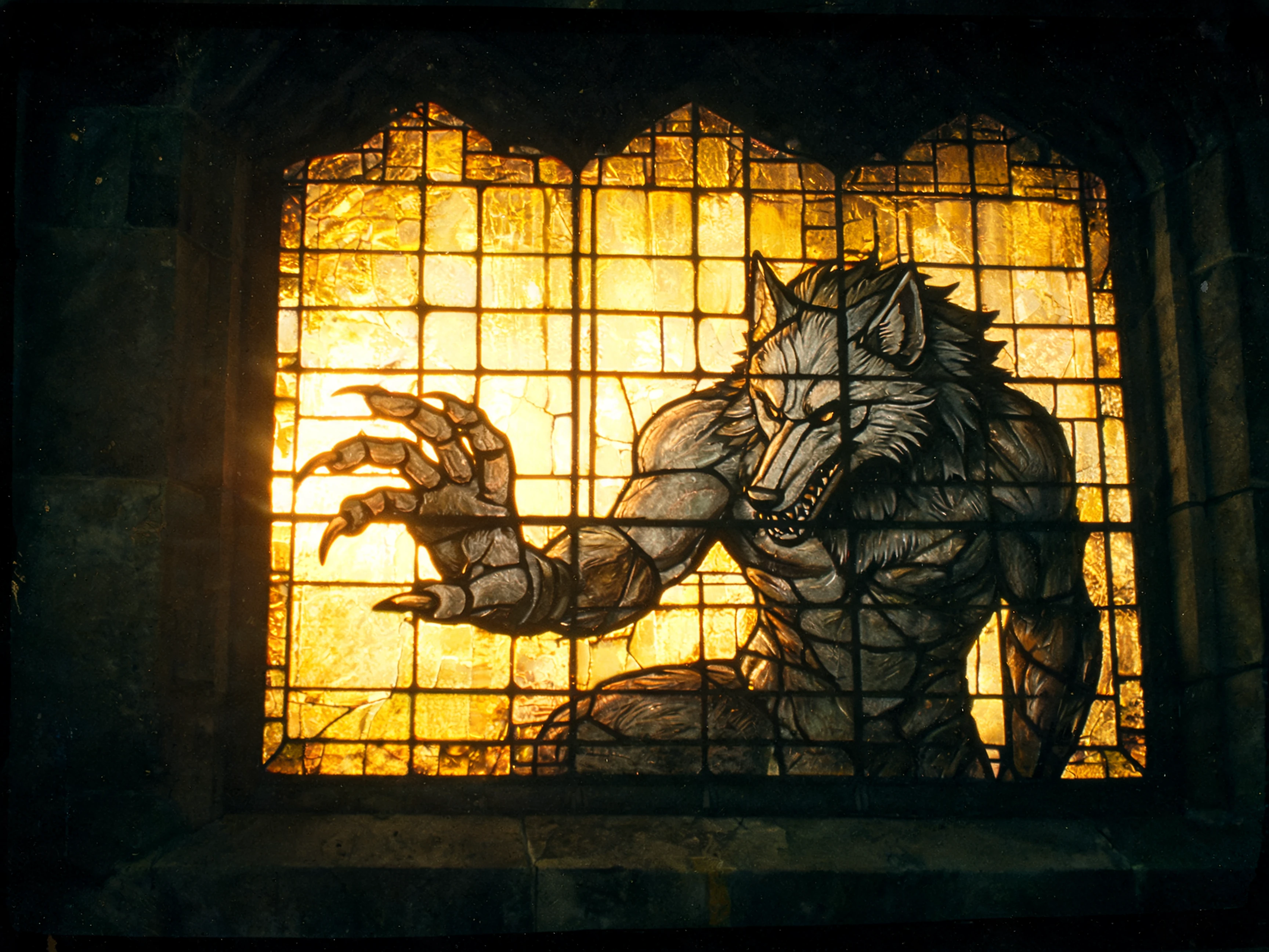 Backlit stained glass window with a reaching werewolf figure