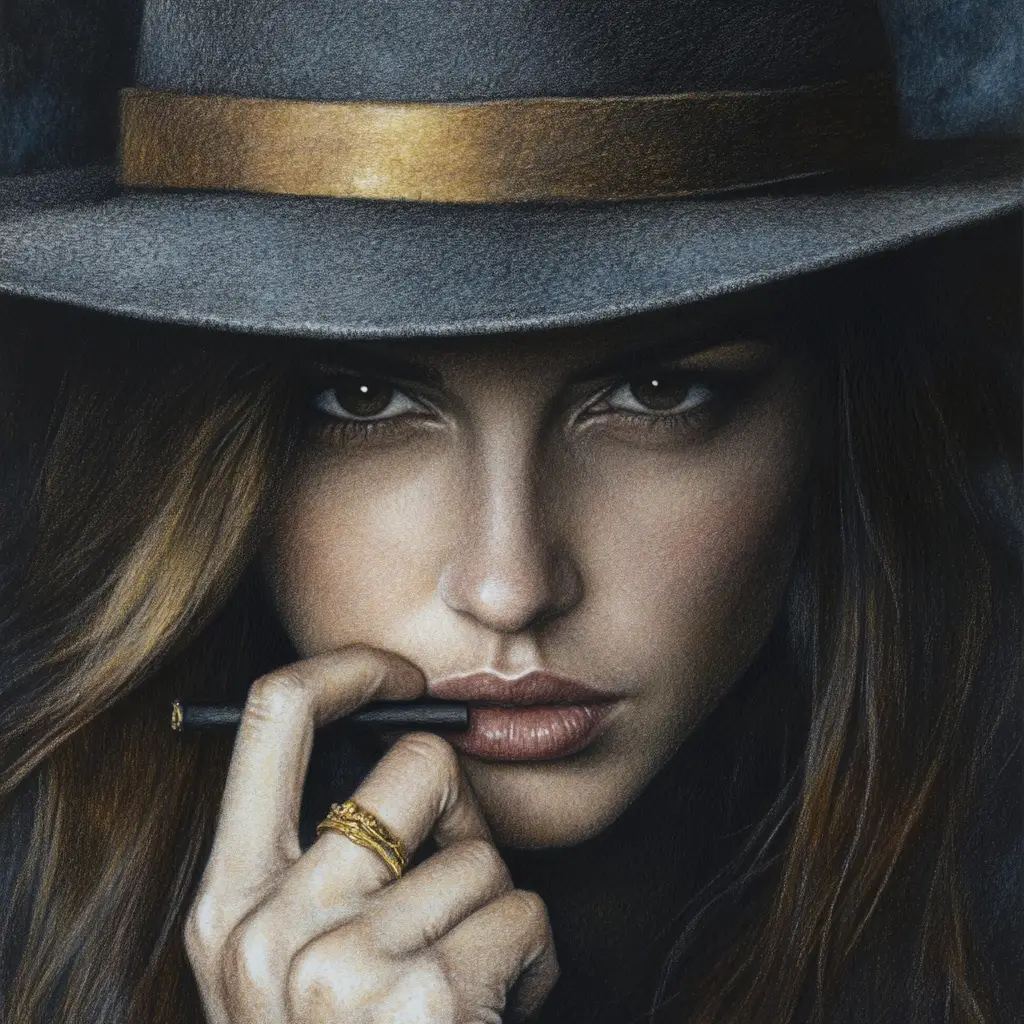 Mysterious woman in fedora with cigarette holder portrait