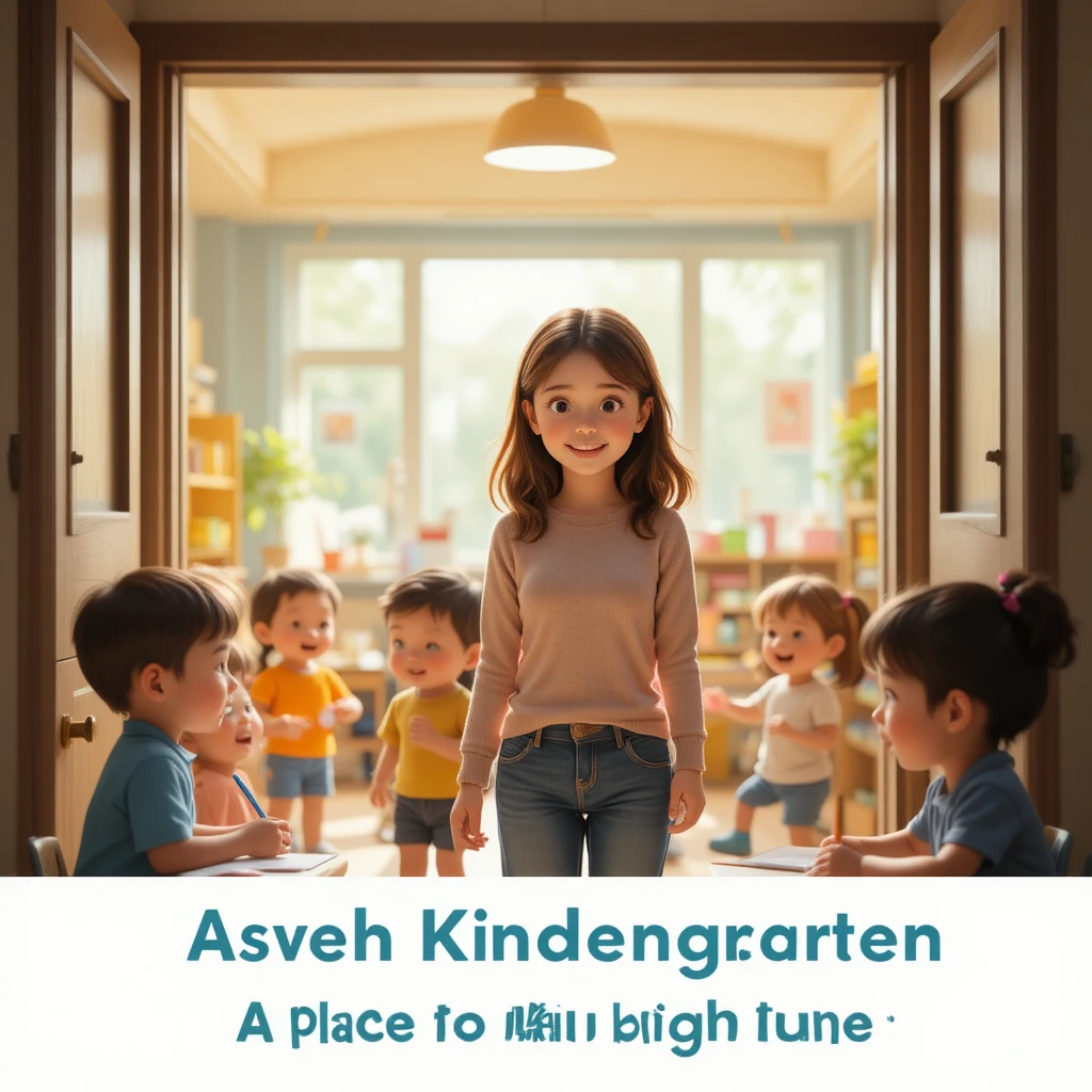Mother And Child Welcomed At Bright Kindergarten Entrance