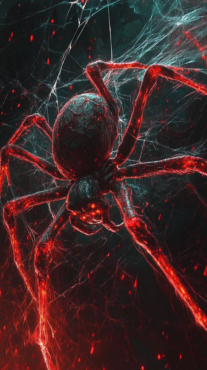 Giant Spider Queen Advancing Through Surreal Warped Web Space