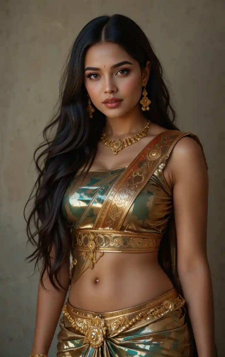 Tamil woman in modern saree with exposed navel pose