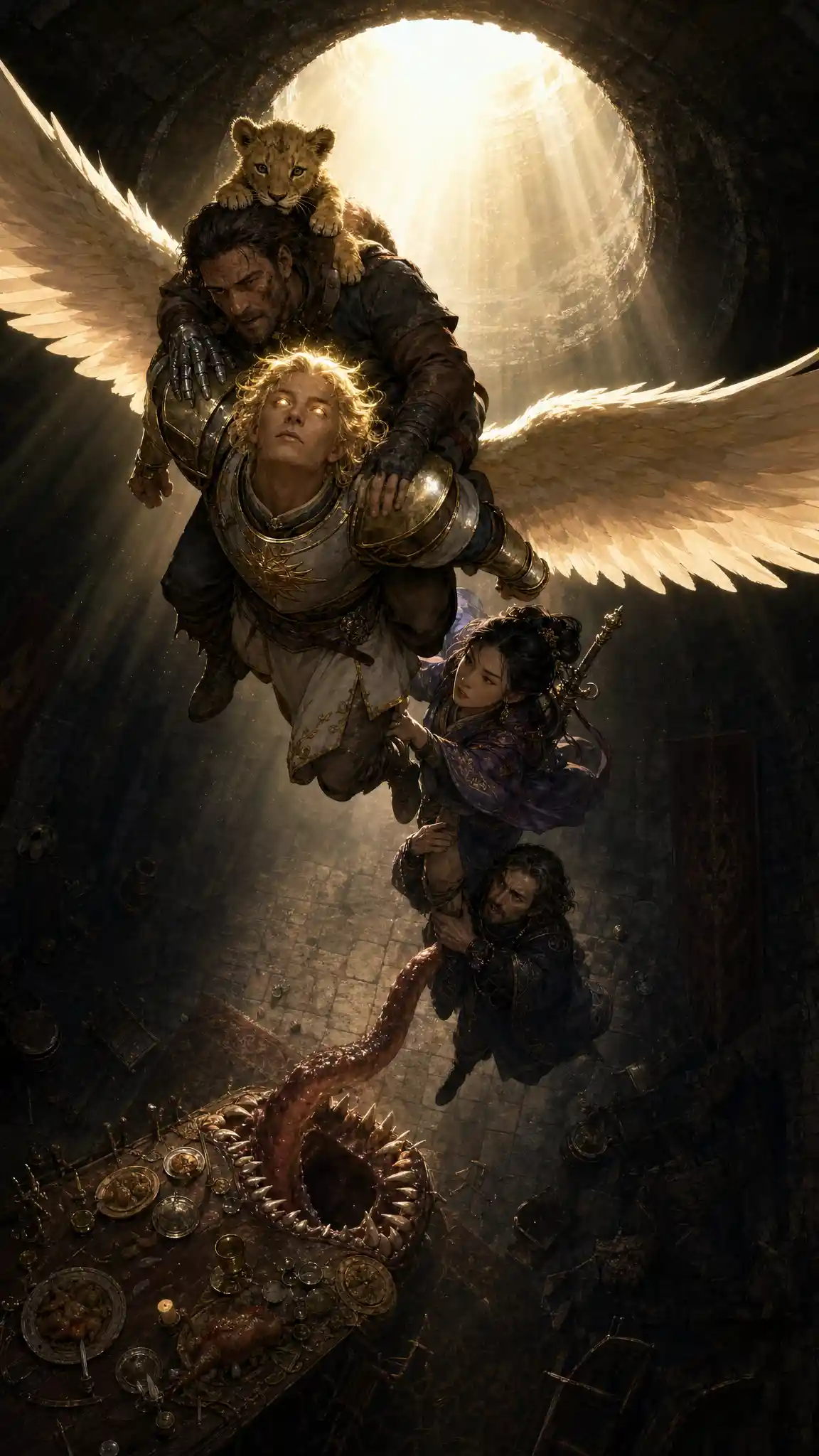 Winged paladin carrying companions toward a sunlit opening