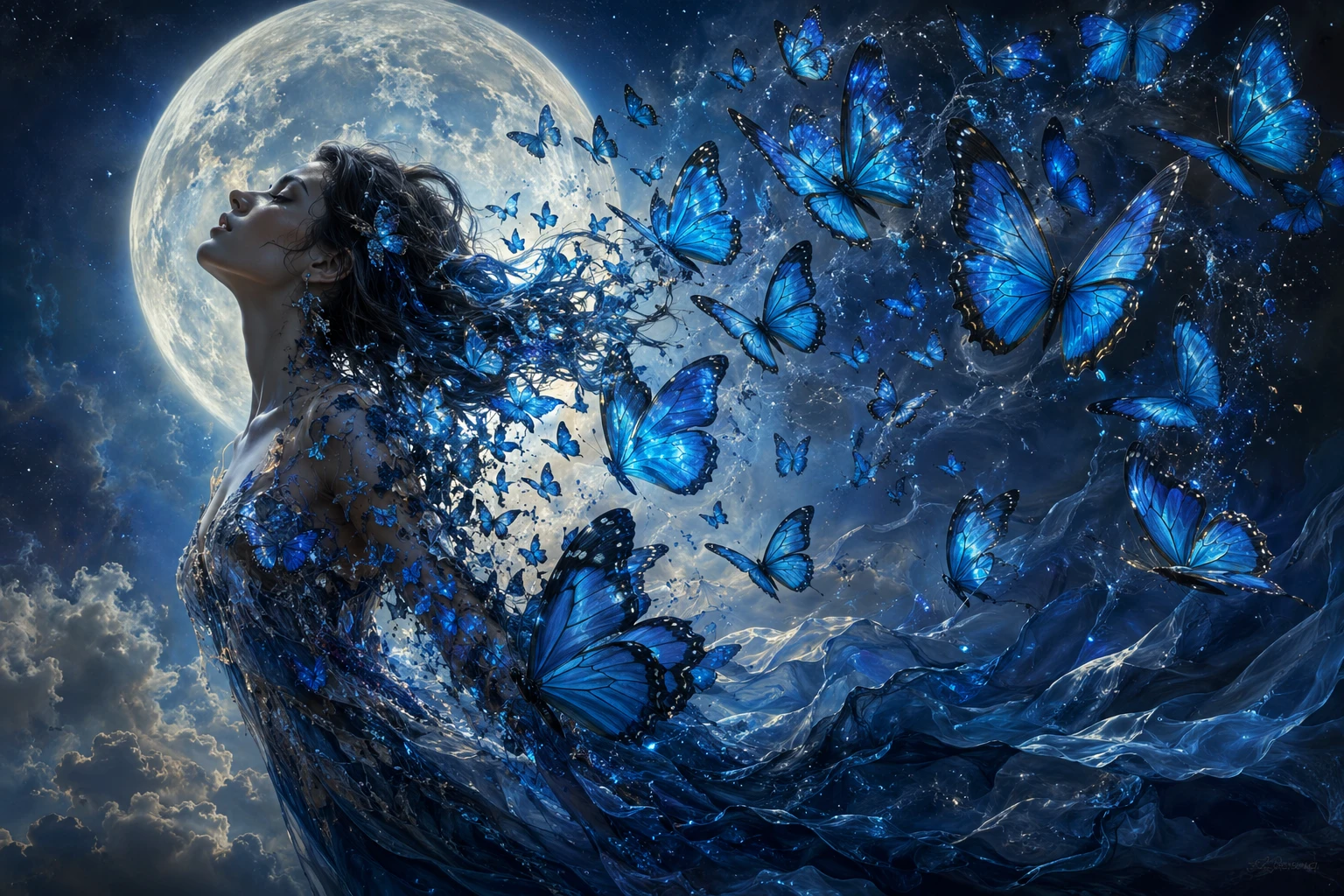 Woman Transforming Into Blue Butterflies Under Full Moon