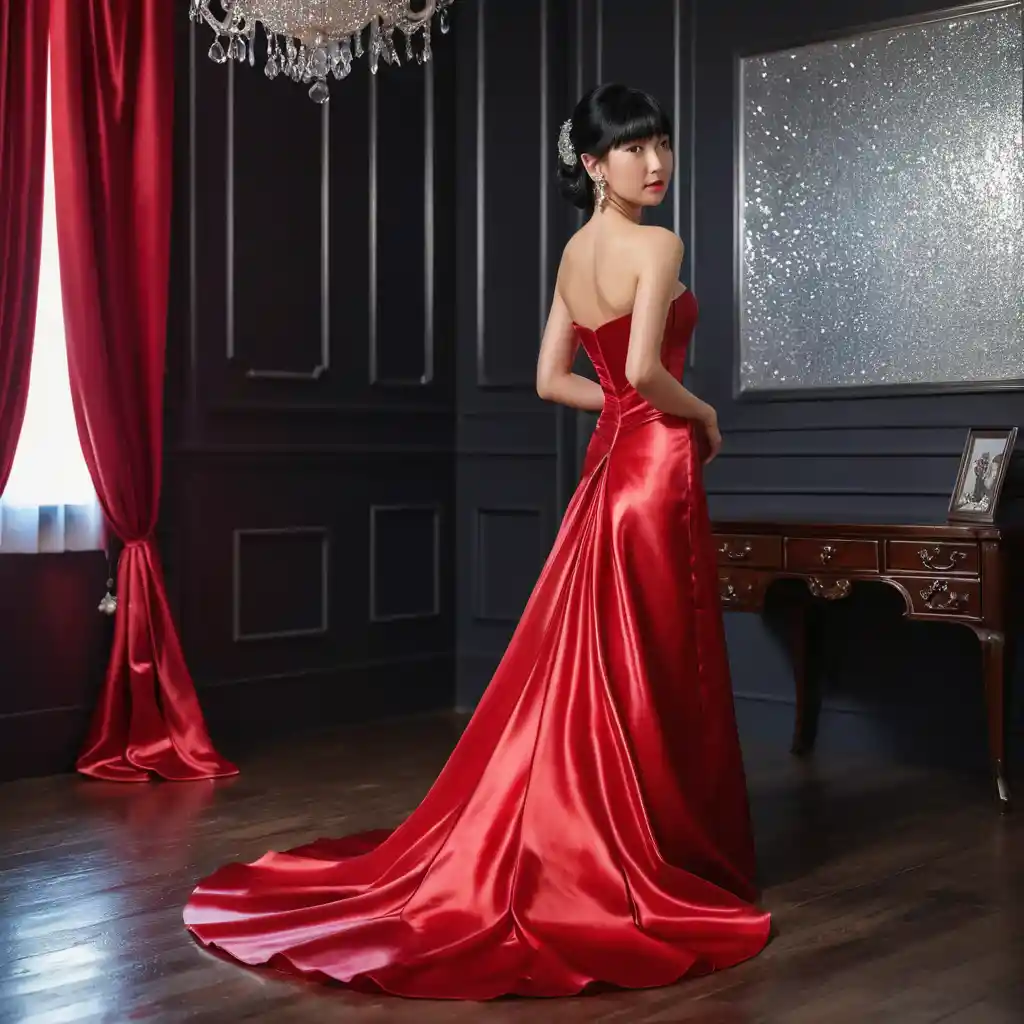 Elegant young woman in red satin gown from behind