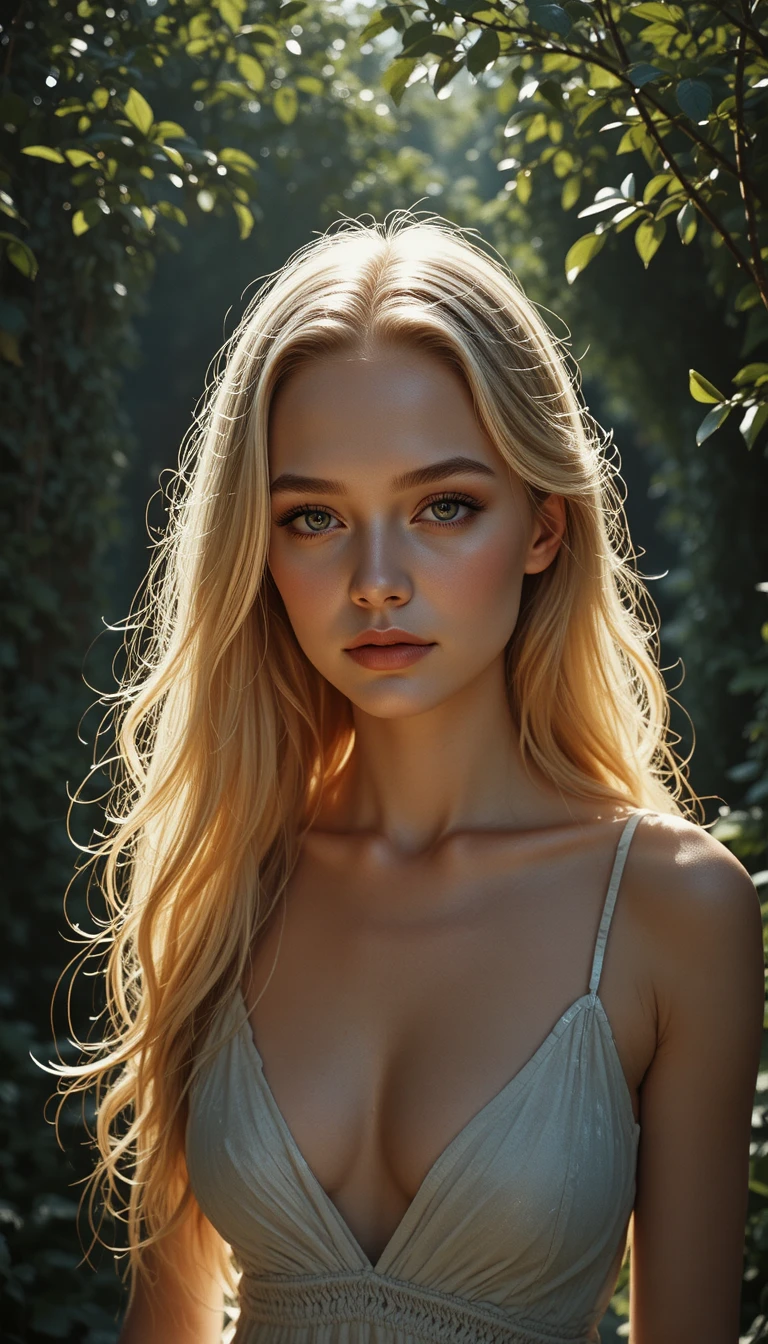 Aerial portrait of a young blonde woman in dappled garden light