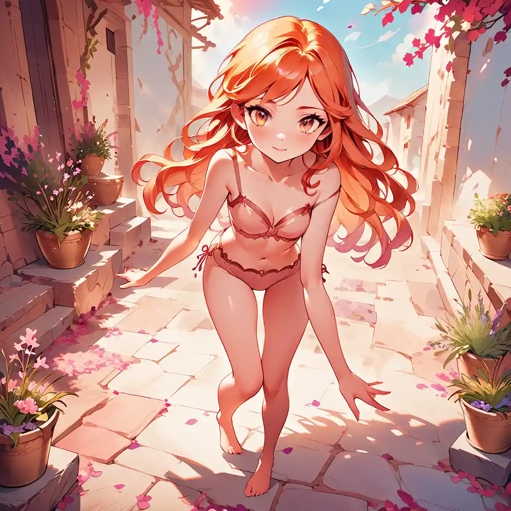 Dreamy young woman in a sunlit Mediterranean courtyard