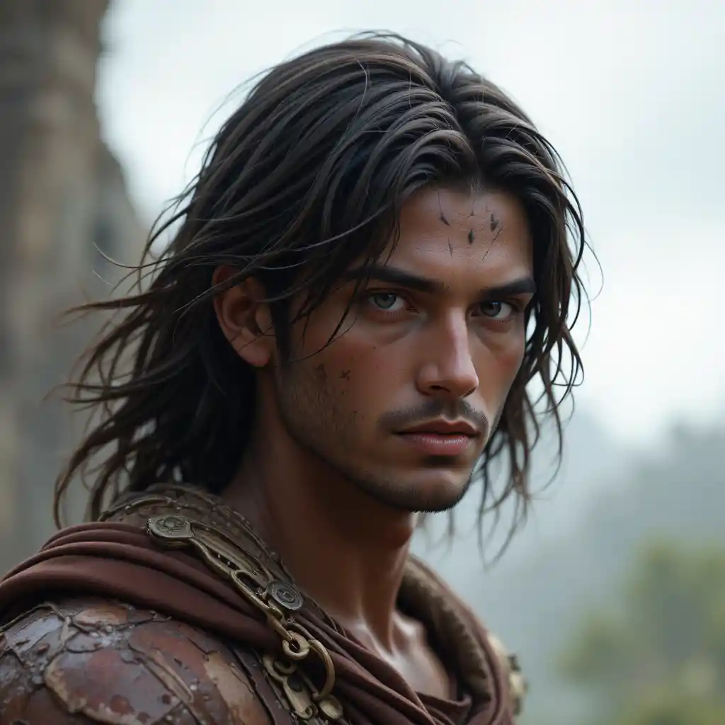 Brown skinned man with long dark hair and blue eyes
