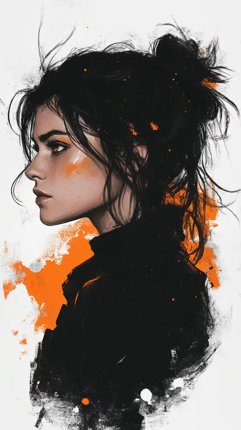 Fierce woman in tactical jacket ink and watercolor portrait