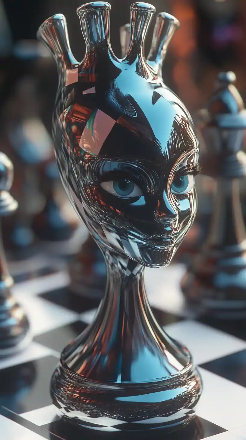 Playful 1990s cartoon robot queen on surreal chessboard