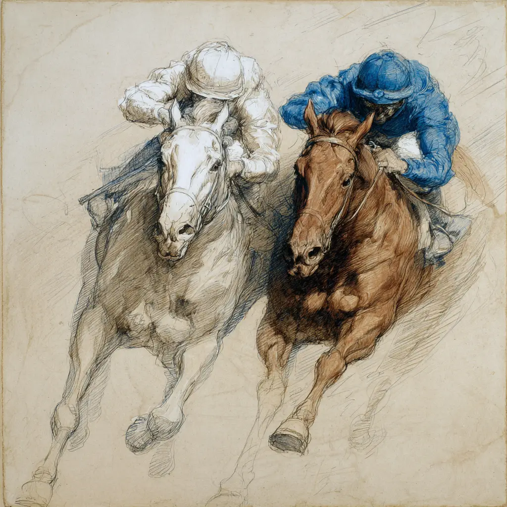 Two racehorses galloping neck and neck toward the viewer