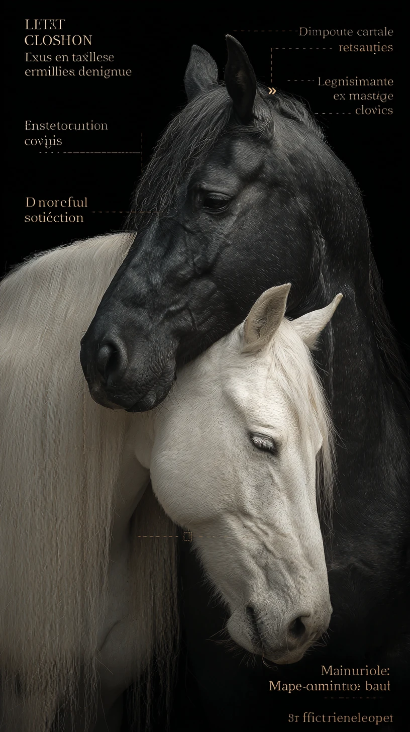 Intimate close up portrait of black and white horses